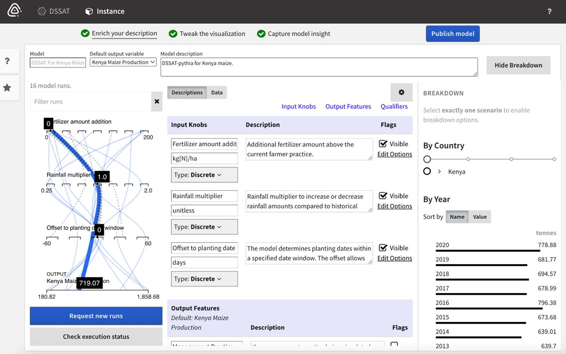 Model instance enrichment view for editing metadata, default configurations, and insights.