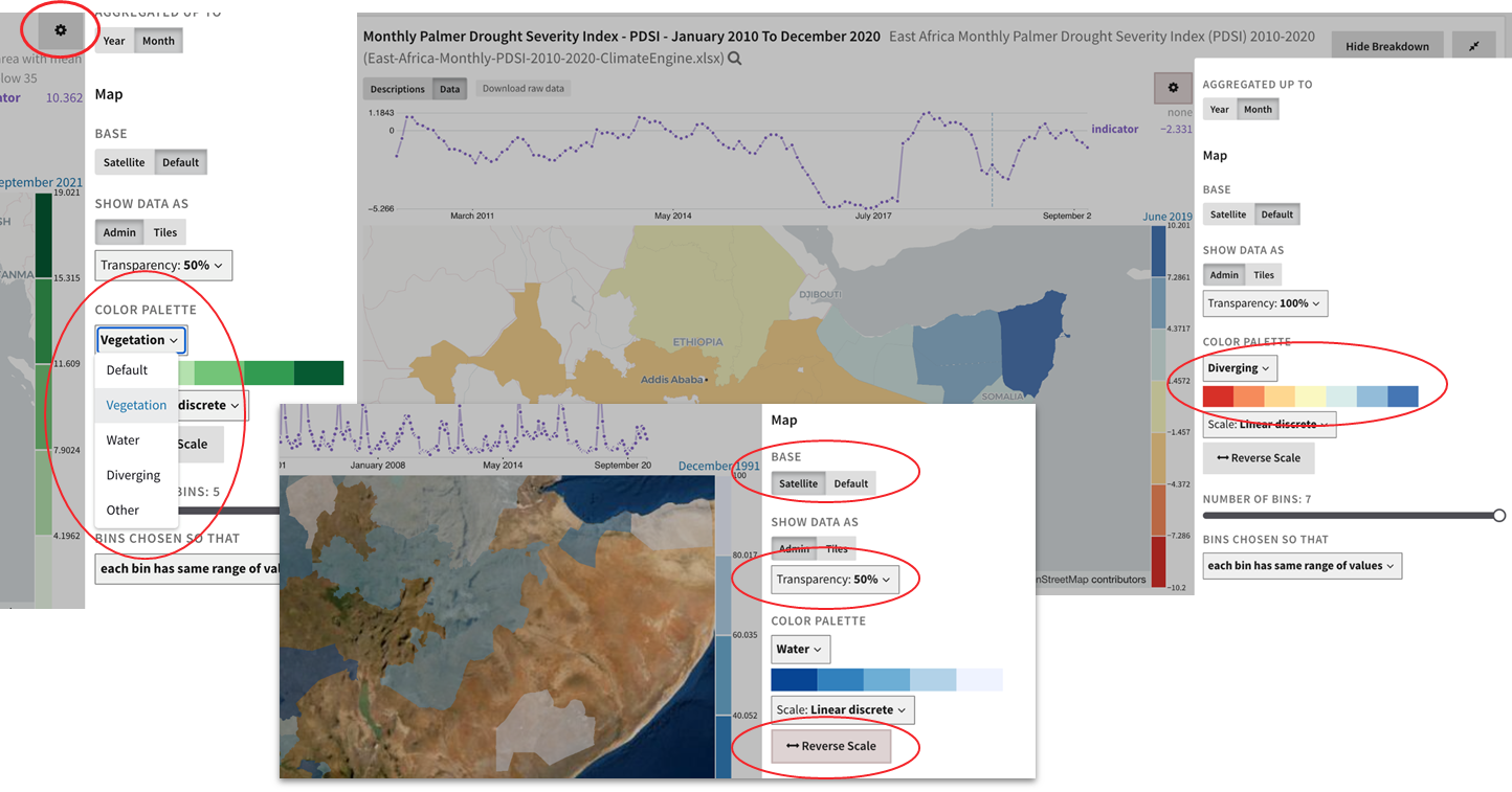 Various map visualization options for drought severity index.