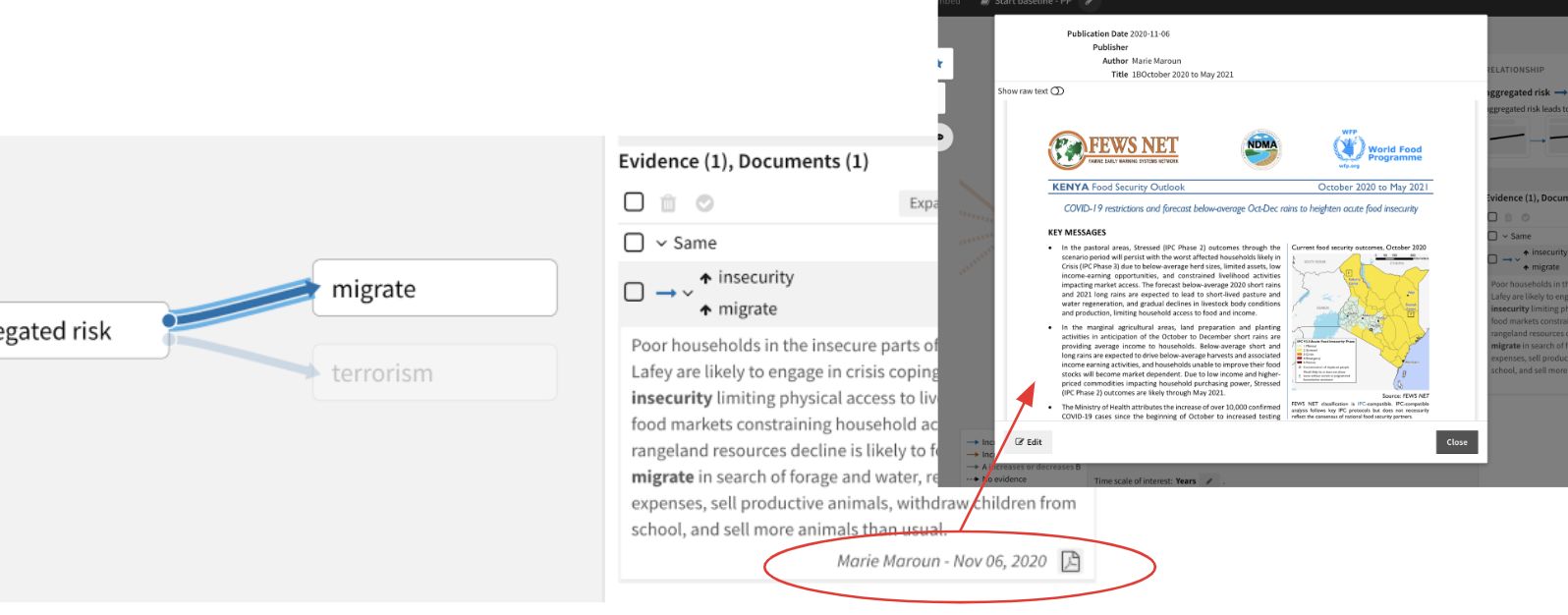 Causal statements in the Causemos HMI backed by evidence extracted from a corpus of literature.